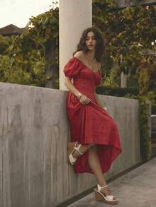 Aralina 夏季花瓣袖V领度假长裙 - 紅色 - 查看 4