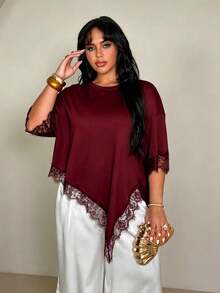 Rustia Plus Size Women Solid Color Contrast Lace Round Neck Asymmetric Hem Loose Casual T-Shirt - Burgundy - View 4