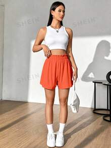 Flirla Women's Summer Casual Solid Color Ruffle Waist Shorts - Orange - View 5