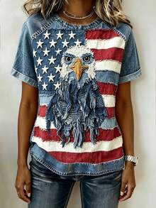 EMERY ROSE Summer Casual Eagle And American Flag Print Round Neck Short Sleeve T-Shirt - Multicolor - View 4