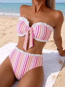 Swim Mod Spring/Summer Beach Vacation Striped Print 2 Pieces Set, Ruched Neckline, Ruffled Hem Pants - Multicolor - View 4