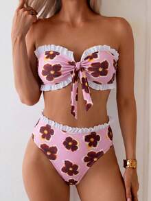 Swim Mod Spring/Summer Beach Vacation Striped Print 2 Pieces Set, Ruched Neckline, Ruffled Hem Pants - Multicolor - View 3