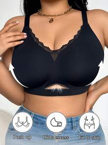 SHEIN Sujetador sin costuras con parches de encaje y escote profundo para tallas grandes - Negro - Ver 3