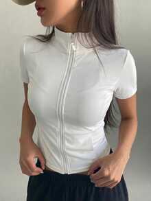 DAZY Teen Girl Plain Collar Zip-Up Short Sleeve Jacket, Fitted Basic Top, Casual Autumn Outerwear - White - View 6