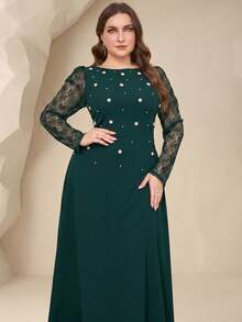 Coutiva Plus Size Elegant Dark Green Bubble Bead Contrast Lace A-Line Dress Formal Party Wedding Spring - Dark Green - View 6