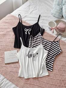 Slumberry CURVE 3pcs Plus Size Sleepwear Set, Includes Comfortable Knit Black And White Print, Love Butterfly Print Camisole Lounge Summer - Multicolor - View 6
