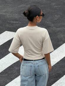Muchica 女款百搭時尚優雅百搭蝙蝠袖T恤日常乳白色夏季 - 杏色 - 查看 2
