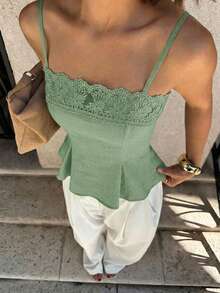 Siren Gaze Women's Summer Casual Vacation Patchwork Embroidery Mesh Cinched Waist Ruffle Hem Camisole - Mint Green - View 4