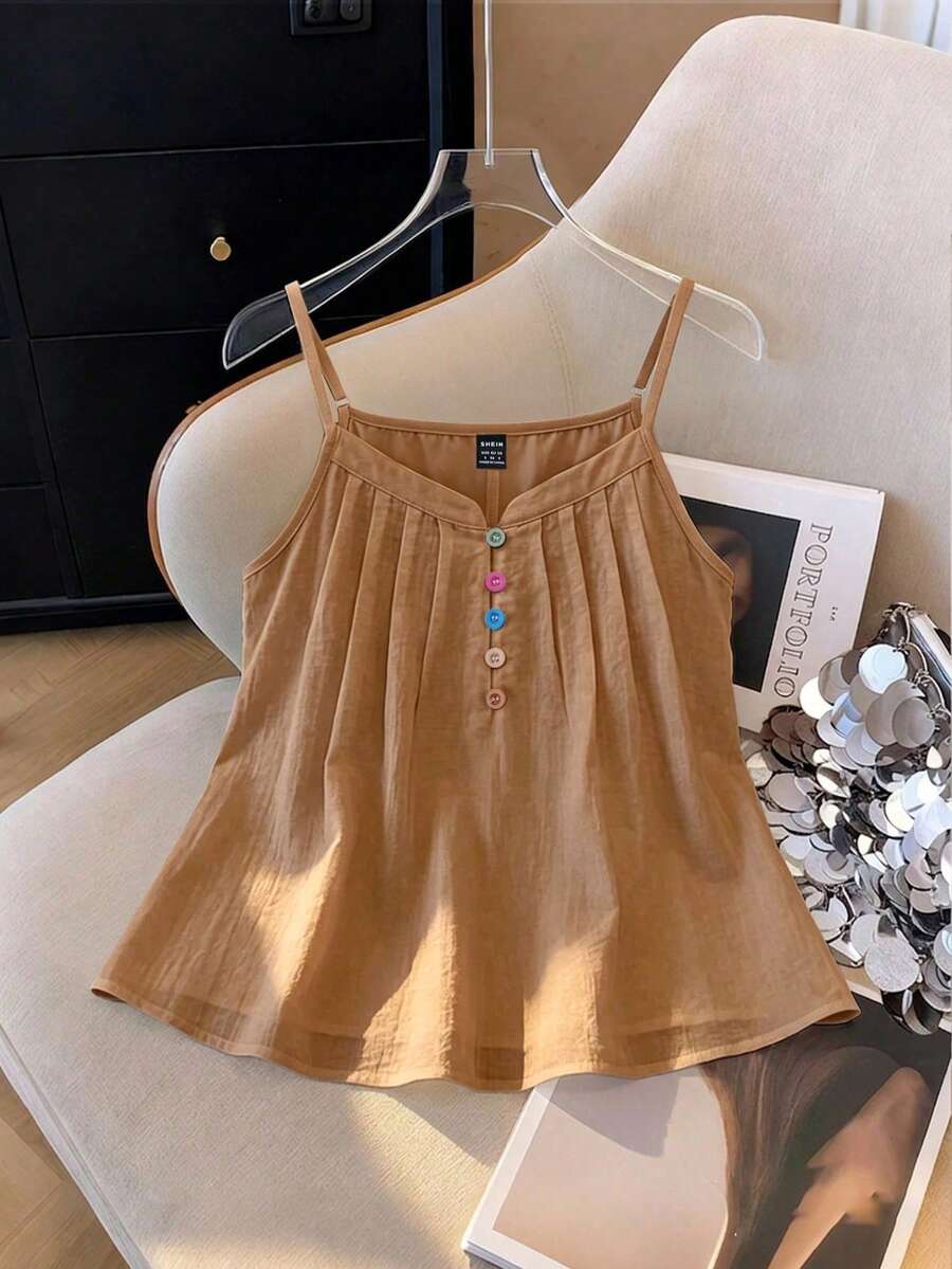 Franclia Women's Elegant Minimalist Solid Color Pleated Collar Colorful Button Decor Sleeveless Tank Top - Khaki - View 1