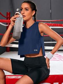 Powerista Casual Versatile Sleeveless Solid Color Side Burn-Out Front Letter Print Design Sports T-Shirt - Navy Blue - View 5