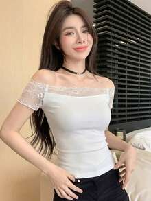 DAZY Women's Off Shoulder Tight T-Shirt - White - View 3