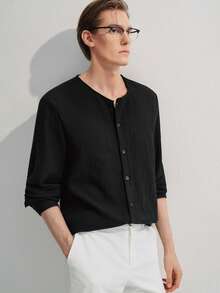 Manfinity CityGents Men Solid Button Up Shirt Slim Fit Long Sleeve Plain Black Boho Shirt For Husband, Fall, Holiday - Black - View 7