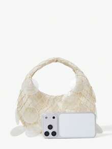 Viva Strut Ladies, Women Circular Imitation Seashell Mesh Top Handle Bags, Fashionable, Simple, Personalized, Versatile, For Beach, Vacation, Holiday, Summer, Seaside, Beach Party - Beige - View 7