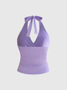 ROMWE Grunge Punk Plus Size Summer Casual Solid Color Ruched Backless Halter Neck Tank Top - Purple - View 2