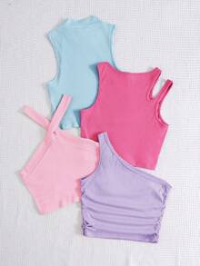 SHEIN 4pcs/Set Teen Girls' Casual Versatile Rib-Knit Solid Color Cropped Tank Top Tank Top For Spring - Pink - View 2