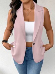 Elenzga Plus Size Women Thin Button Casual Minimalist Vest Jacket - Pink - View 4