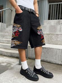 GALLERY FADE Men's Casual Street Style Embroidered Black Denim Shorts - Black - View 1