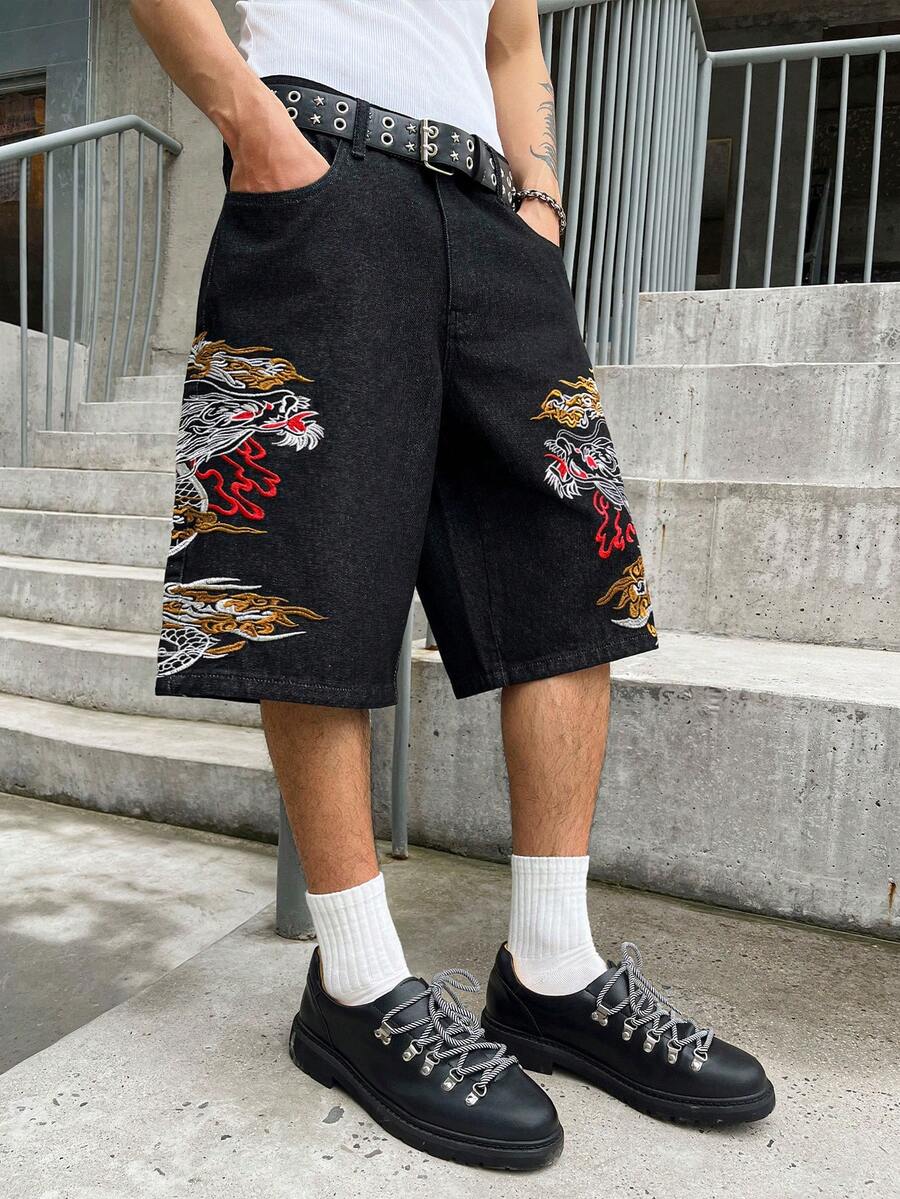 GALLERY FADE Men's Casual Street Style Embroidered Black Denim Shorts - Black - View 1