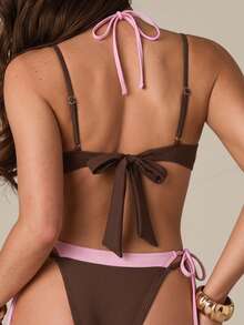 SHEIN BAE Women's Summer Beach Contrast Color Halter Tie Sexy Bikini Swimwear Set - Brown - View 2