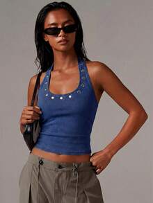 Athîral Denim 女款休閒 2000s Y2K 牛仔街頭風度假針織掛脖彈性短版上衣，亮片裝飾，適合夜生活，藍色夏季款 - 深色水洗藍 - 查看 1