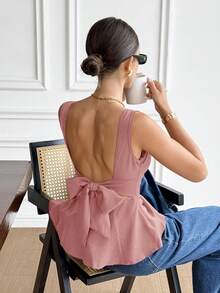 Serisse Women's Solid Color Backless Tie Knot Sleeveless Shirt - Dusty Pink - View 8