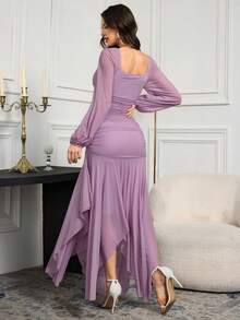 Feyla Women's Solid Color Mesh Splicing Pleated Casual Elegant Long Dress Dinner Mauve Purple Autumn - Lilac Purple - View 3