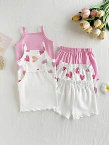 SHEIN 3 bộ đồ mùa hè dễ thương cho bé gái, áo hai dây camisole in hình trái tim hồng trắng & quần short, bộ quần áo đi biển nghỉ dưỡng thoáng khí cho trẻ sơ sinh và trẻ chập chững - Hồng - Xem 3