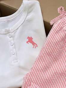 SHEIN Elladie kids 2件組女童套裝，馬匹印花圓領短袖T恤搭配條紋直筒長褲，夏季親子款日常休閒服飾套裝 - 粉色 - 查看 4