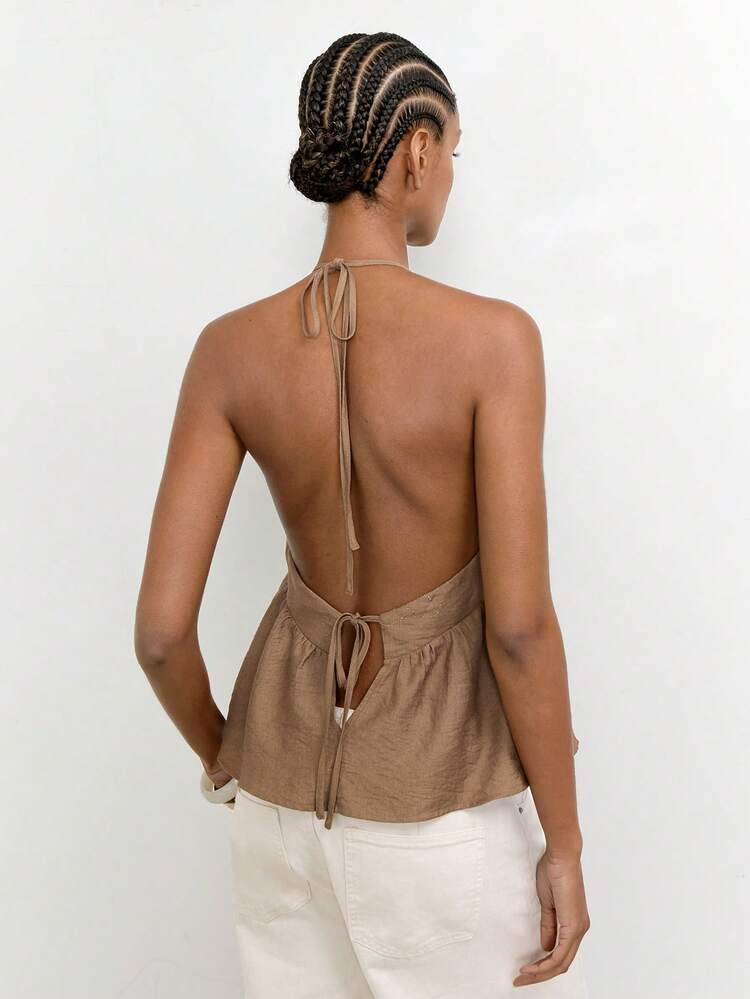 SHEIN Maija Mocha 's Summer Embroidered Fabric Halter Neck Backless Tie-Back Vest, Fashionable Casual Boho Beach Holiday Vacation Resort Versatile Holiday