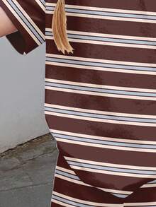 Vintage Maillard Braun & Weiß Kontrastfarben Sportlich Preppy Gestreiftes Muster, Tween Mädchen Lässig Minimalistisch Kurzarm & Shorts 2-teiliges Set, Geeignet für Sommeroutfits für - Verschiedenfarbig - Übersicht 5