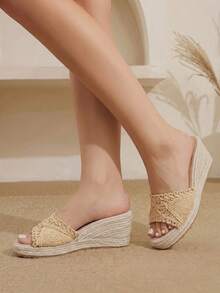 Styleloop Giày nữ, màu nâu nhạt, giày rơm dây gai đan rỗng, dép đế xuồng cao, tăng chiều cao, phong cách Bohemian cho kỳ nghỉ - Màu be - Xem 2