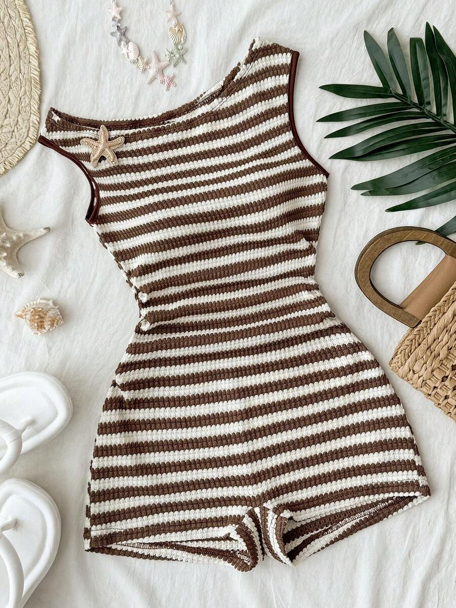 SHEIN Teen Girls Summer Casual Vacation Striped Asymmetrical Shoulder Starfish Metal Decor Fitted Mini Jumpsuit, Beach, Cruise, Road Trip, City Vacation, Music Festival, Bohemian, Seaside, Summer, All Season, Daily Commute - Coffee Brown - View 1