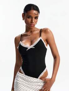 Joudiya Women Bodysuit, Black And White Summer Sexy Chic Club Going Out Night Spring Butterfly Hollow Lace Patchwork Backless Camisole Top, Fitted Sports Top - Black - View 5