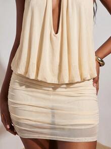 Opulessa Vestido mini plisado de unicolor con cuello halter para mujer - Albaricoque - Ver 6