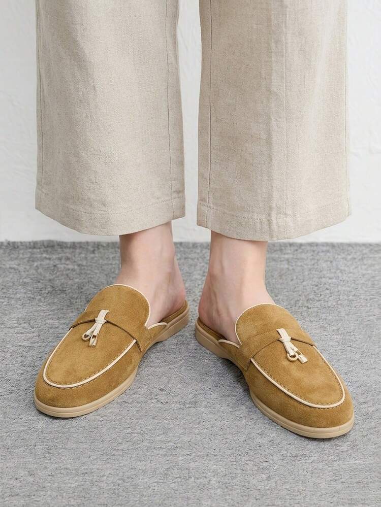 CUCCOO BIZCHIC Fashion Brown White Edge Suede Comfortable Commuter Women's Flat Mule Shoes Women's Flat Shoes Slippers Suitable For Outdoor Shopping And Work Daily Comfortable Women's Shoes