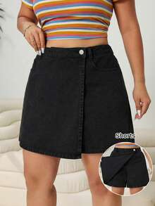 Solflare Plus Size Solid Color Wrap Design Casual Versatile Denim Shorts For Summer - Black - View 8