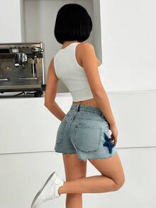 SHEIN Casual Street Wear Y2k Navy Blue Comfort Cotton Contrast Star DetailsPocket Jean Shorts Denim Shorts High Waist Leopard Detail Pattern Patch Pocket - Light Wash - View 2