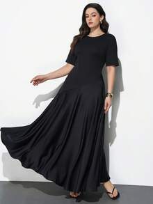 Maija Plus Size Spring/Summer Black Round Neck Short Sleeve Asymmetrical Cut Knit Spliced Flowy Hem Women's Dress Elegant Brunch Tea Party Formal - Black - View 6