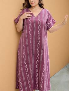 Al Najma Plus Size Printed Tassel Maxi Casual Dress For Women - Dusty Pink - View 7