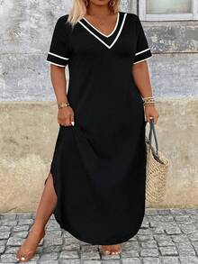 SHEIN CURVE+ Rochie de seară cu mânecă scurtă, casual, alb-negru, mărime plus, potrivită pentru primăvară, vară, toamnă - Alb-negru - Vizualizare 6