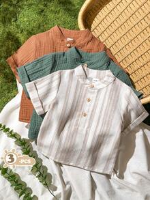SHEIN Vintaside Kids Set de 3 piezas de ropa para bebé y niño pequeño, camisa de manga corta casual, suave y cómoda, de unicolor minimalista con cuello medio abierto en azul, albaricoque y verde, adecuada para uso diario, viajes, fiestas, primavera o verano - Multicolor - Ver 4