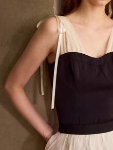 MOTF PREMIUM BLUSA AJUSTADA CON PLIEGUES DE COLOR CONTRASTANTE PARA MUJER - Negro - Ver 5