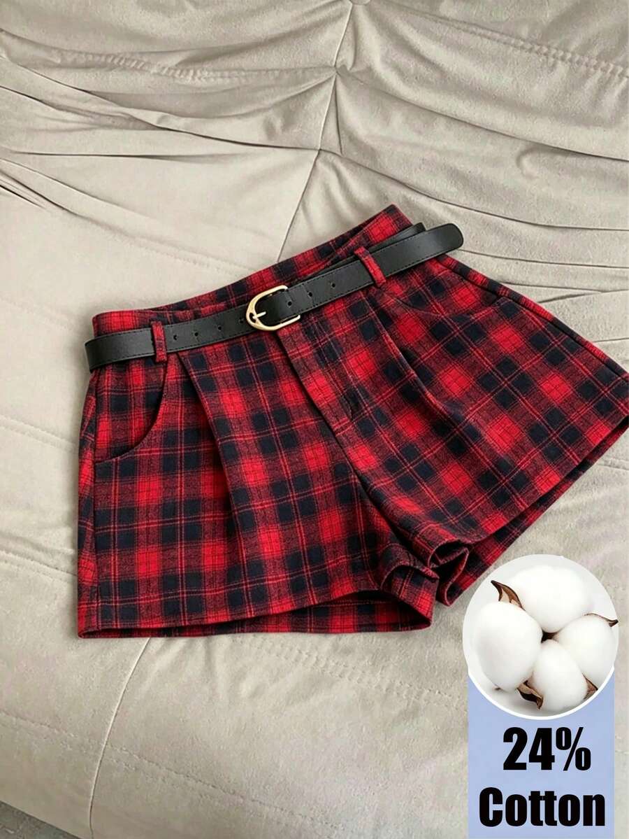 Franclia Women's Solid Red Plaid 100% Cotton Comfortable Shorts - Red - View 1