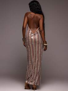 MUSERA Zig-Zag Sequin Cut Out Halterneck Maxi Dress Summer Vacation Holiday Festival Rave Party Ibiza Beach Beachclub Resort Wear Trinket Light Beige Boho - Multicolor - View 4
