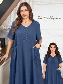 Lacomfia Plus Size Women Lace Patchwork Linen-Like Casual Everyday Dress - Blue - View 1