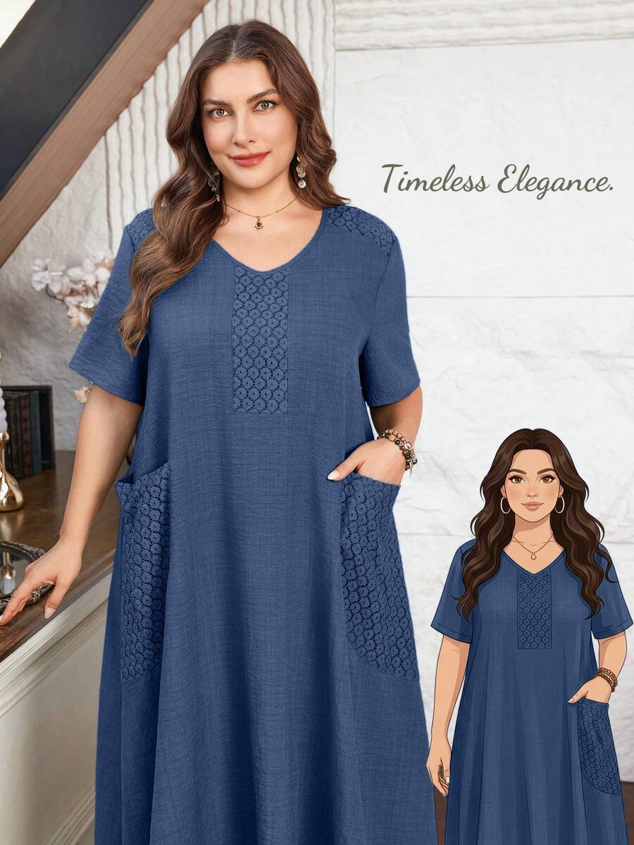 Lacomfia Plus Size Women Lace Patchwork Linen-Like Casual Everyday Dress - Blue - View 1