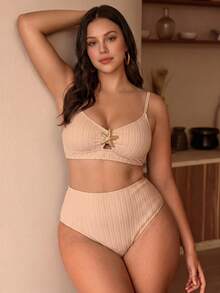 Swim Chiccia Conjunto de bikini de 2 piezas para mujer talla grande primavera/verano 2026, top de punto a rayas con textura, escote amplio, accesorio decorativo de estrella de mar en el centro delantero y tirantes ajustables, combinado con braguita de bikini triángulo de cintura alta, ideal para vacaciones en la playa - Multicolor - Ver 4