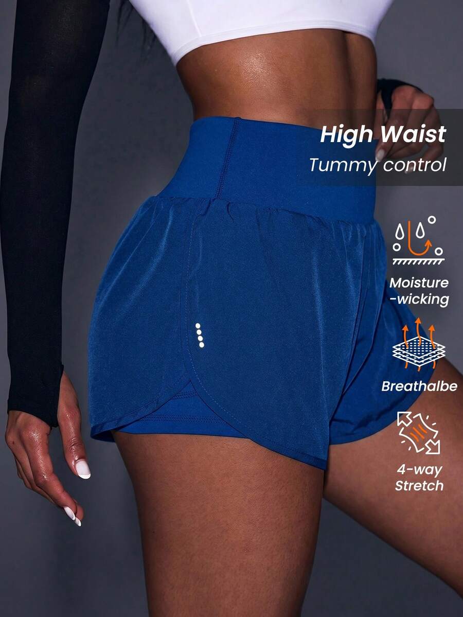 Powerista Pantaloncini sportivi a vita alta a doppio strato di colore unito - Blu - Visualizzare 1