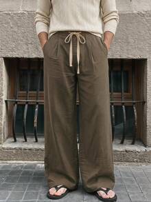 SERO LANO Men's Casual Loose Solid Color Linen Pants - Coffee Brown - View 1