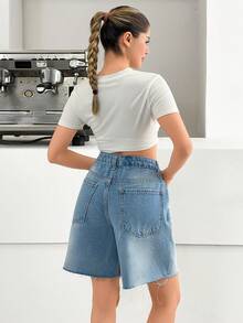 SHEIN Vintage Sexy White Panelled,Low Rise Wide Leg Denim Bermuda Shorts Swimming Summer - Light Wash - View 2